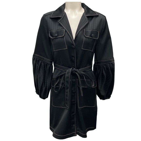 ALEXIS BLACK LONG SLEEVED BUTTON DOWN SATIN MINI DRESS WITH BELT - Picture 1 of 5